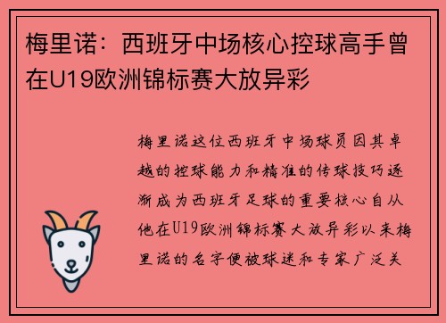 梅里诺：西班牙中场核心控球高手曾在U19欧洲锦标赛大放异彩
