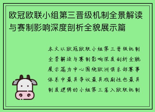 欧冠欧联小组第三晋级机制全景解读与赛制影响深度剖析全貌展示篇