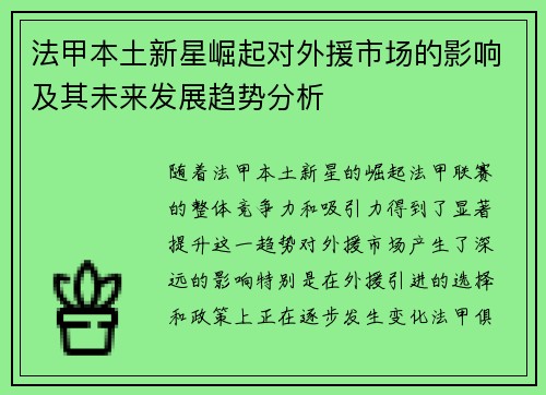 法甲本土新星崛起对外援市场的影响及其未来发展趋势分析 法甲本土新星崛起对外援市场的影响及其未来发展趋势分析