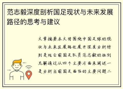 范志毅深度剖析国足现状与未来发展路径的思考与建议