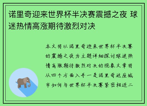 诺里奇迎来世界杯半决赛震撼之夜 球迷热情高涨期待激烈对决